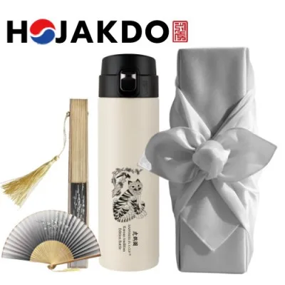 한국전통 K컬쳐 호작도 원터치 텀블러 470ml 실크부채 기프팅 (보자기 포장)