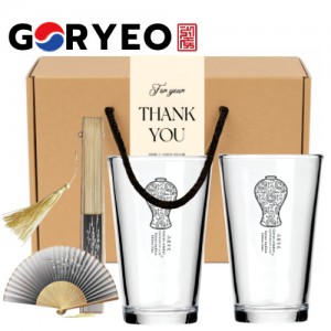 한국전통 K컬쳐 고려청자 샤이닝 글라스컵 480ml 2P 실크부채 기프팅