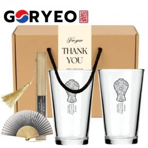 한국전통 K컬쳐 고려청자 샤이닝 글라스컵 480ml 2P 실크부채 기프팅
