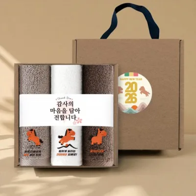 송월타올 2026 새해 붉은 말 핸들패키지 3매입 세트 (150g 30수 3매+띠지+스티커)