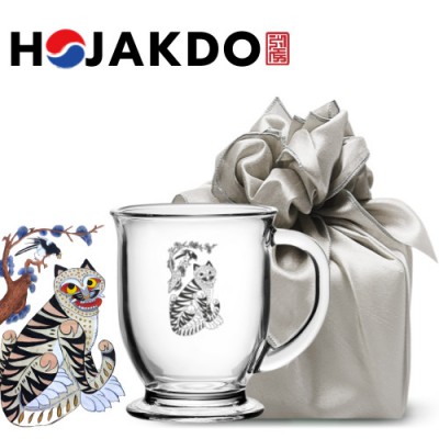 한국전통 K컬쳐 까치와호랑이 호작도 클래식 글라스 머그컵 440ml 1P 기프팅 (보자기 포장)
