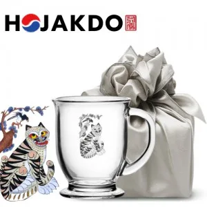 한국전통 K컬쳐 까치와호랑이 호작도 클래식 글라스 머그컵 440ml 1P 기프팅 (보자기 포장)