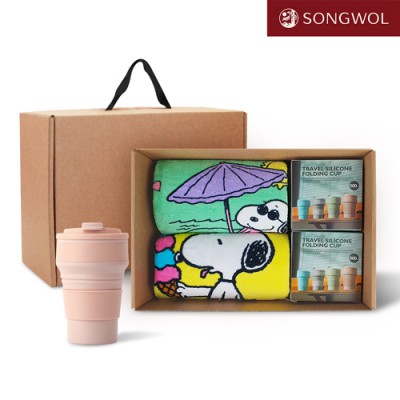 송월타올 리빙 기프트세트 28 송월 스누피50 비치타올 2P + 실리콘텀블러500ml 2P