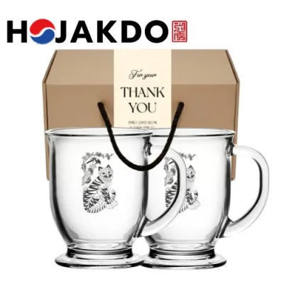 한국전통 K컬쳐 까치와호랑이 호작도 클래식 글라스 머그컵 440ml 2P 기프팅
