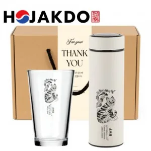 한국전통 K컬쳐 샤이닝 글라스컵 호작도 데일리 텀블러 500ml 기프팅