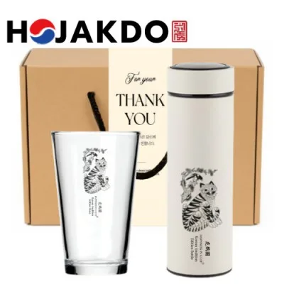 한국전통 K컬쳐 샤이닝 글라스컵 호작도 데일리 텀블러 500ml 기프팅