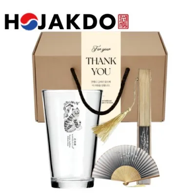 한국전통 K컬쳐 까치와호랑이 호작도 샤이닝 글라스컵 480ml 1P 실크부채 기프팅