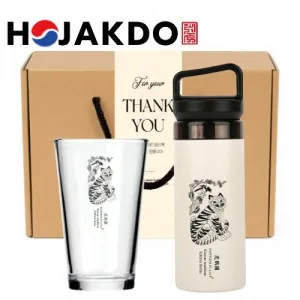 한국전통 K컬쳐 샤이닝 글라스컵 호작도 캡캐리 텀블러 380ml 기프팅