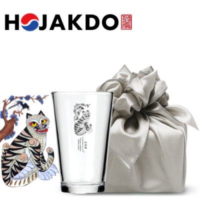 한국전통 K컬쳐 까치와호랑이 호작도 샤이닝 글라스컵 480ml 1P 기프팅 (보자기 포장)