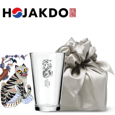 한국전통 K컬쳐 까치와호랑이 호작도 샤이닝 글라스컵 480ml 1P 기프팅 (보자기 포장)