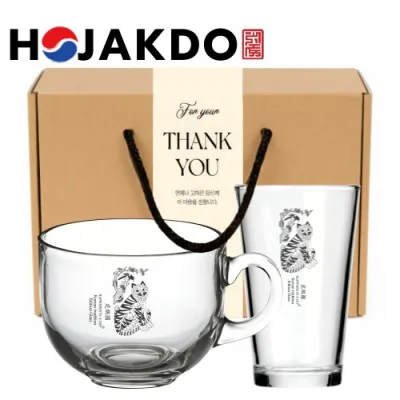 한국전통 K컬쳐 호작도 샤이닝 글라스컵 480ml 요거트볼 2P 기프팅