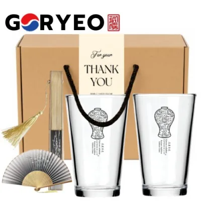 한국전통 K컬쳐 고려청자 샤이닝 글라스컵 480ml 2P 실크부채 기프팅