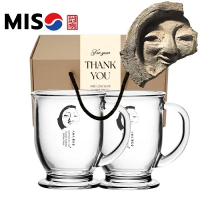 한국전통 K컬쳐 얼굴무늬수막새 신라의미소 클래식 글라스 머그컵 440ml 2P 기프팅