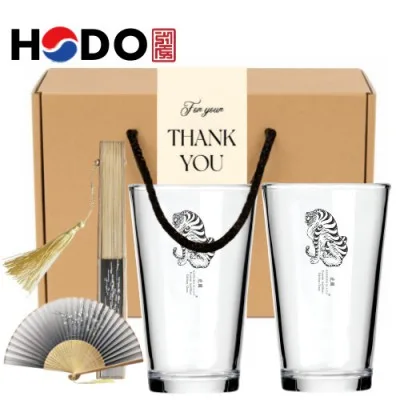 한국전통 K컬쳐 호랑이 맹호도 샤이닝 글라스컵 480ml 2P 실크부채 기프팅