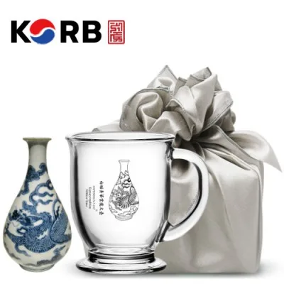 한국전통 K컬쳐 조선 백자청화 클래식 글라스 머그컵 440ml 1P 기프팅 (보자기 포장)
