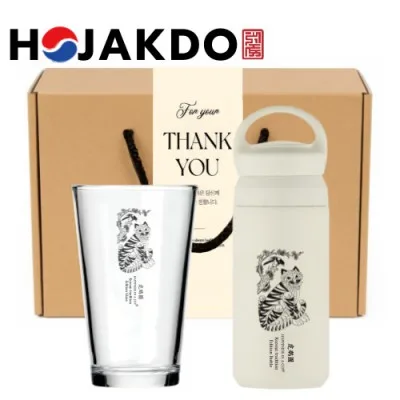 한국전통 K컬쳐 샤이닝 글라스컵 호작도 데이오프 텀블러 350ml 기프팅