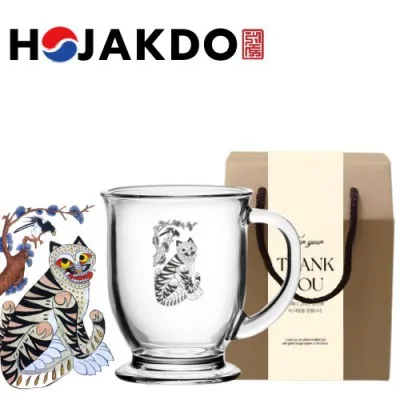 한국전통 K컬쳐 까치와호랑이 호작도 클래식 글라스 머그컵 440ml 1P 기프팅