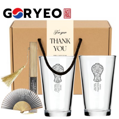 한국전통 K컬쳐 고려청자 샤이닝 글라스컵 480ml 2P 실크부채 기프팅