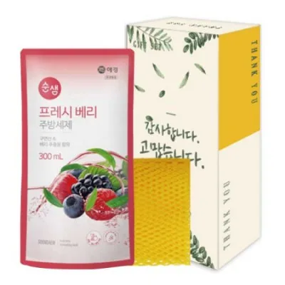 애경 순샘프레시베리 리필 300ml. 망사수세미 세트