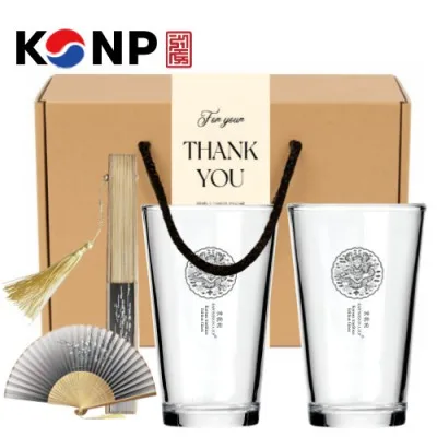 한국전통 K컬쳐 곤룡포 샤이닝 글라스컵 480ml 2P 실크부채 기프팅