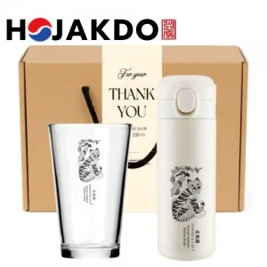 한국전통 K컬쳐 샤이닝 글라스컵 호작도 원터치 텀블러 420ml 기프팅