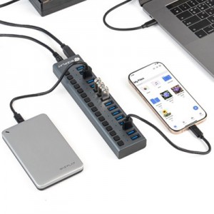 유전원 16포트 USB허브 USB3.2 Gen2 개별전원스위치 알루미늄 96W 충전 지원