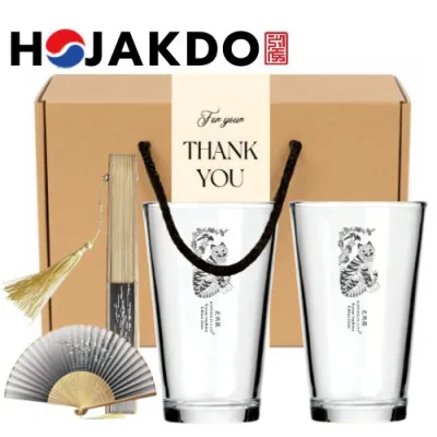한국전통 K컬쳐 까치와호랑이 호작도 샤이닝 글라스컵 480ml 2P 실크부채 기프팅