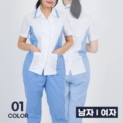 퓨어 배색 반팔 위생복 상의 남성 여성 단체 조리 유니폼