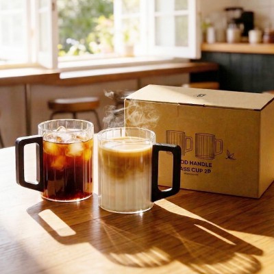홈카페 우드 손잡이 내열유리 플리츠 머그컵 450ml