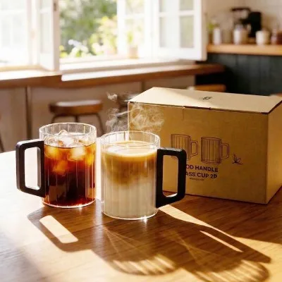 홈카페 우드 손잡이 내열유리 플리츠 머그컵 450ml
