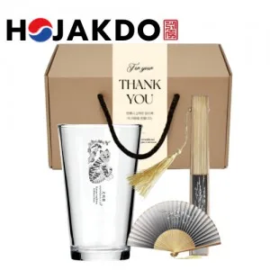 한국전통 K컬쳐 까치와호랑이 호작도 샤이닝 글라스컵 480ml 1P 실크부채 기프팅
