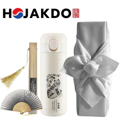 한국전통 K컬쳐 호작도 원터치 텀블러 420ml 실크부채 기프팅 (보자기 포장)
