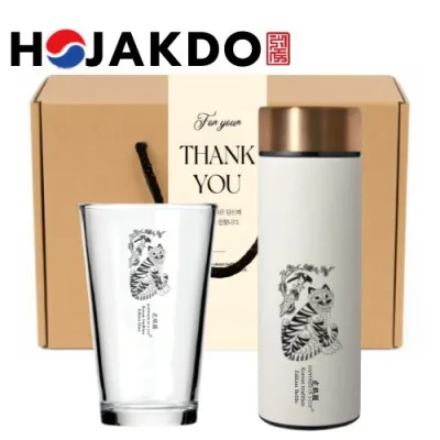 한국전통 K컬쳐 샤이닝 글라스컵 호작도 데일리 텀블러 440ml 기프팅